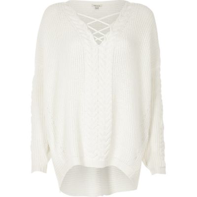 Cream cable knit lace-up front jumper